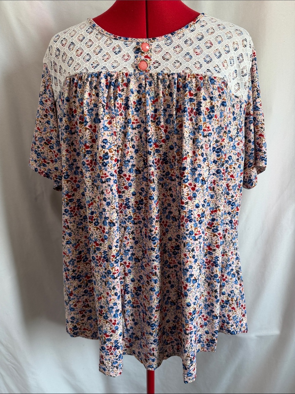 Crochet Yoke Floral Tunic Top - Blue & Pink on Cream